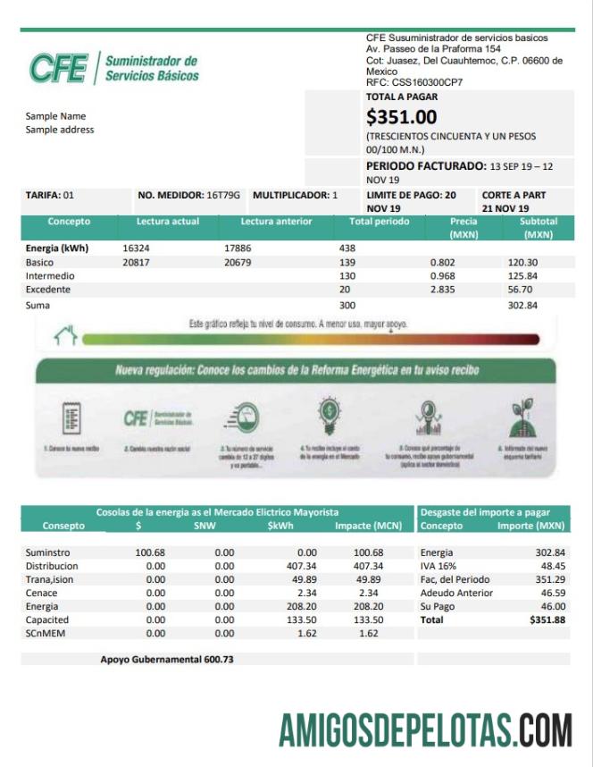 imprimível Modelo de fatura de serviços públicos CFE de eletricidade do México em formato Word e PDF, totalmente editável